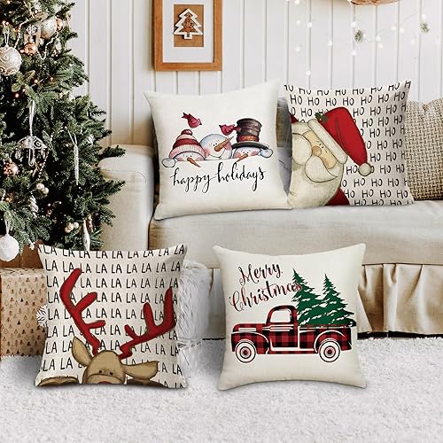 Miniatura 2 de Dixutzi Juego de 4 fundas de almohada navideñas de 18 x 18 pulgadas, diseño de árbol de Papá Noel, ciervo, muñeco de nieve, rústico, para invierno,