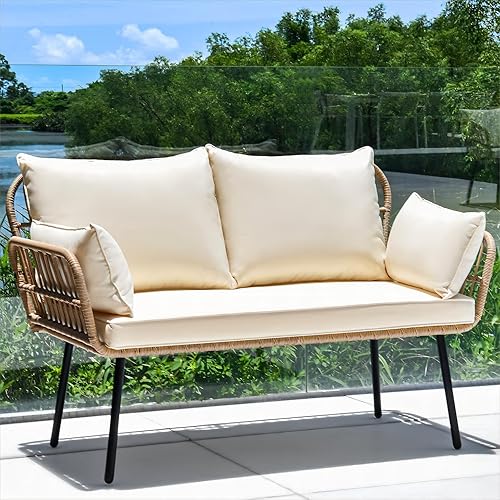 YITAHOME Sofá Love Seat, sofá de mimbre grande para todo tipo de clima, muebles seccionales de patio con cojines y almohadas lumbares, juego de