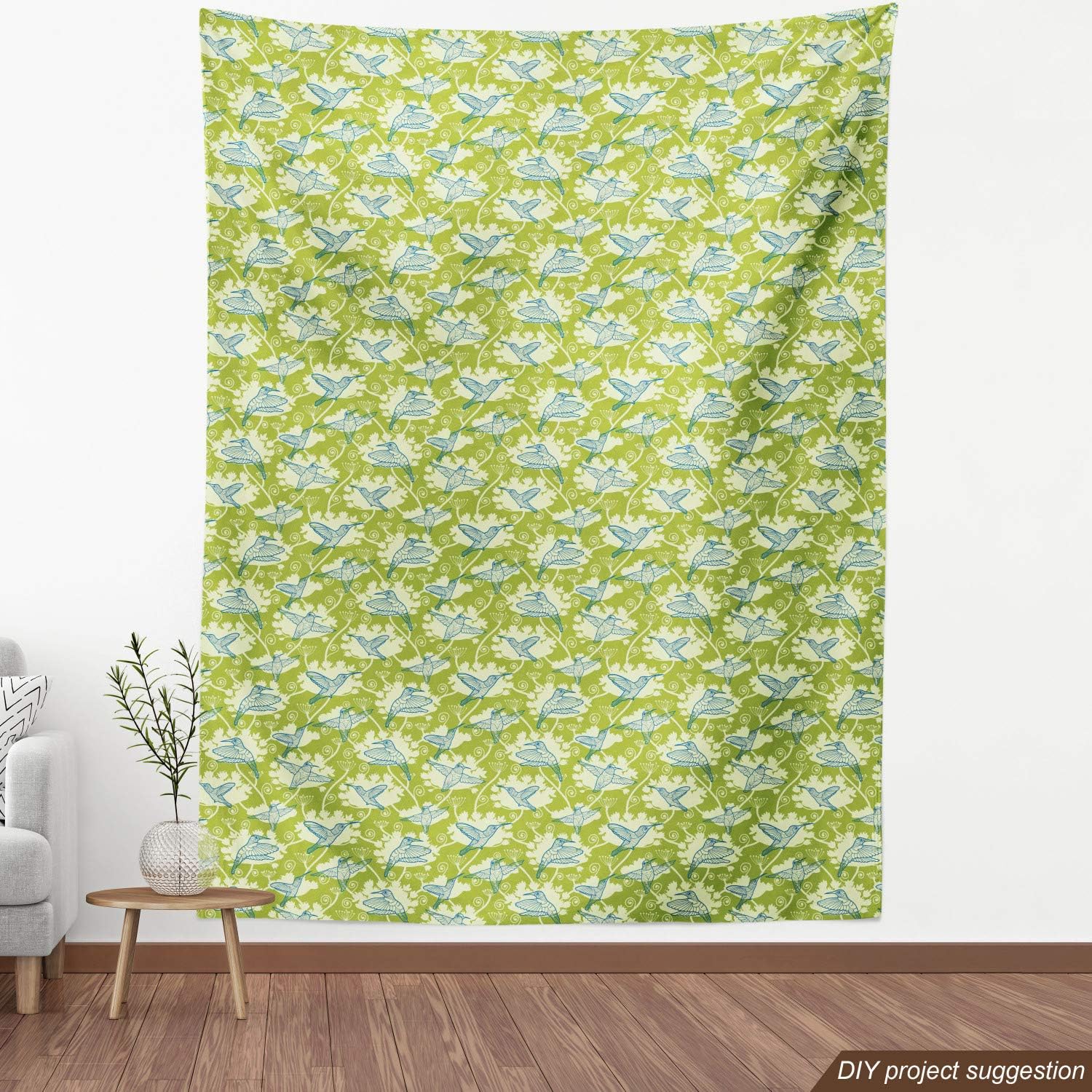 Ambesonne Hummingbirds Fabric by The Yard, Birds Pattern on Floral Background Springtime Garden Wings, Decorative Fabric for Upholstery and Home Accents, 2 Yards, Soft Lime Green