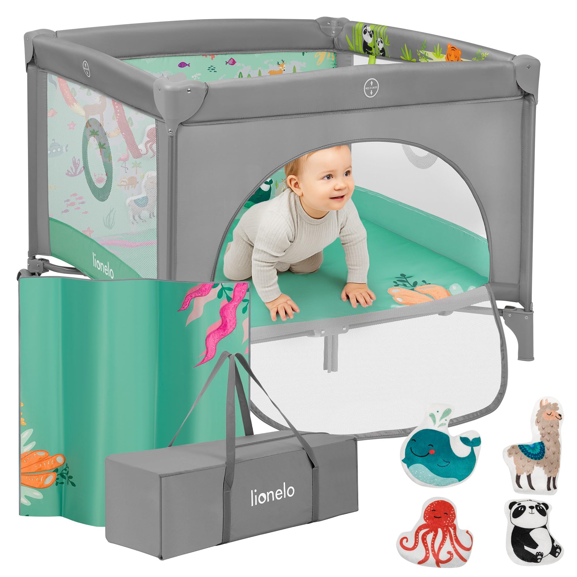 LIONELO Mille Box Bambini con Materasso Compatto 100 x 100 cm Pieghevole | Entrata Laterale, Ruote con Freno, Pareti in Rete, Borsa da Trasporto, per Bambini dalla Nascita fino a 15 kg