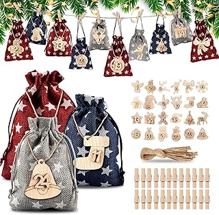 24 Advent Calendar for Filling, DIY Advent Calendar Bags, Advent Calendar Bags, Jute Bags, Christmas Gift Bags with Mini Wooden Pegs and 10 m Jute Hemp Ropes (Dkuan)