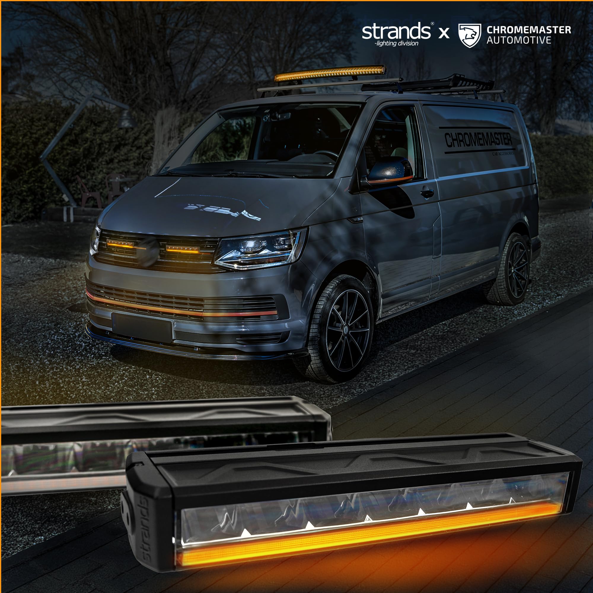 CHROMEMASTER | LED-Lampen im Fahrzeuggrill Kompatibel mit Volkswagen Multivan T6 2015-2019; 2x LED BAR Tagfahrlicht Strands Firefly 10’’, IP68, DT4-Stecker, E-Zulassung, 12-24V DC; 3 Leuchtmodi