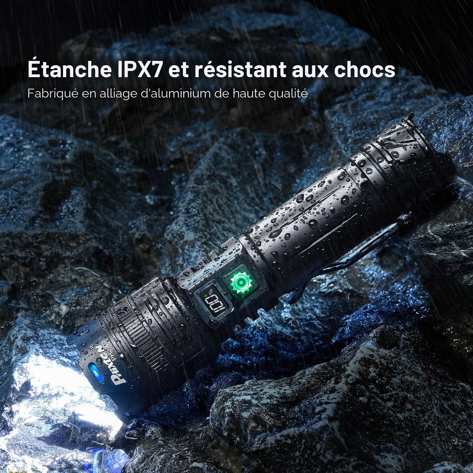 PHIXTON Lampe torche LED rechargeable super lumineuse 100 000 lumens longue distance 1000 mètres puissante zoomable longue durée de vie toucher puissant 10 h