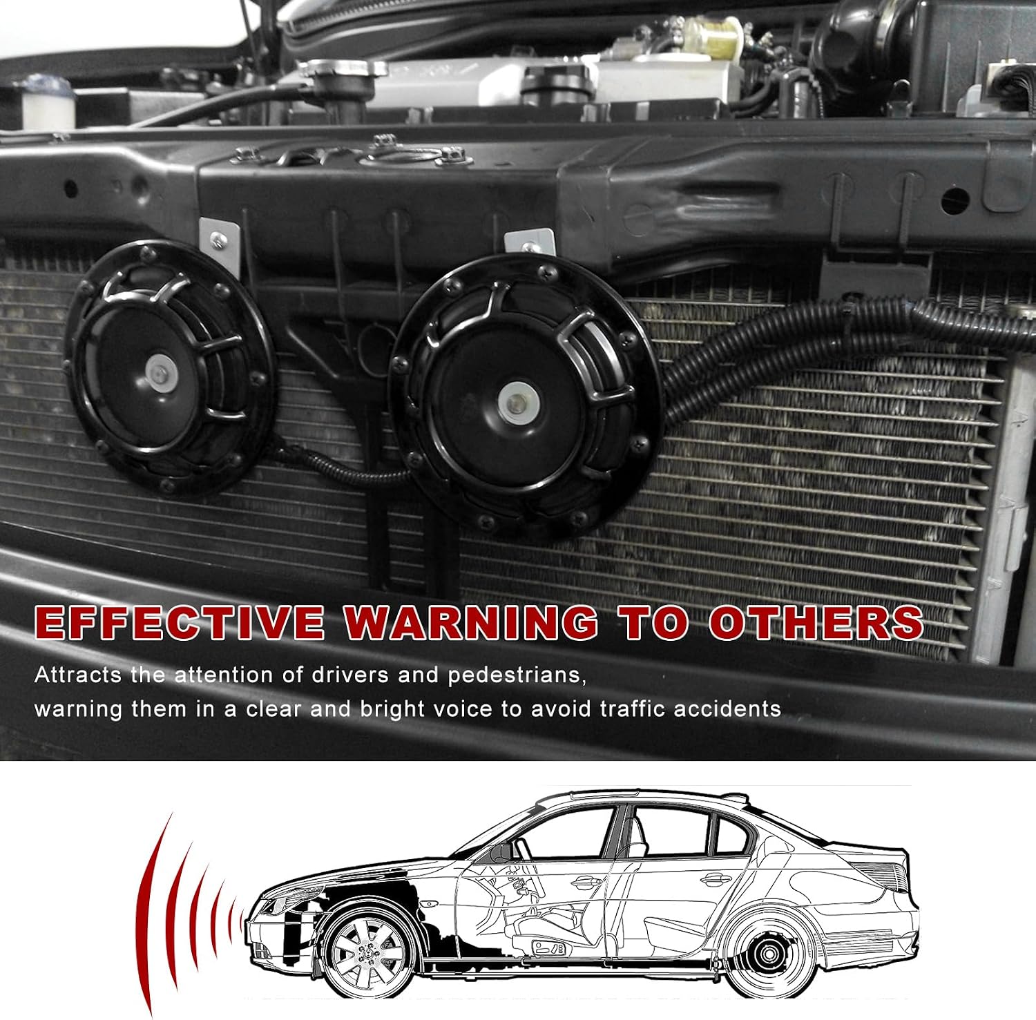2 PCS Super Tone Car Horn Kit, 12V High Tone and Low Tone Twin Horn Kit with Protective Grill, Super Loud Metal Horns with Bracket for Cars Trucks SUVs Motorcycles (Black)