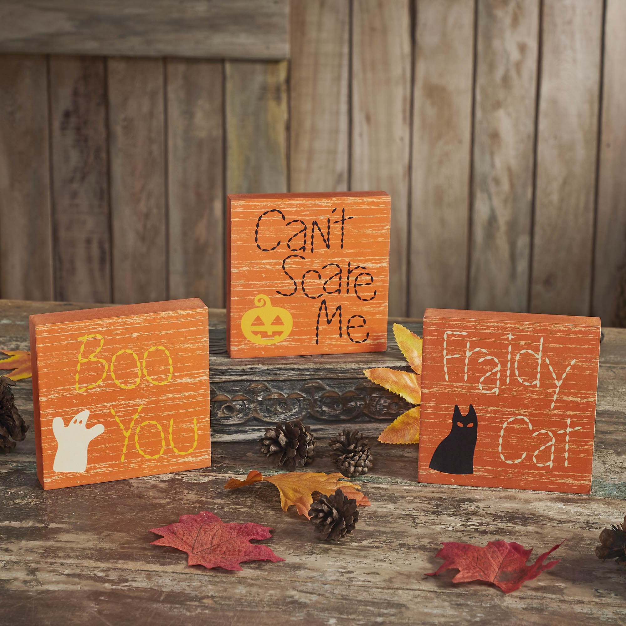 VHC Brands MDF Boo You Can't Scare Me Fraidy Cat MDF Blocks Set of 3 5x5x1, Fall and Halloween Home Decor for Tables and Shelves, Indoor Decorations for Tabletop