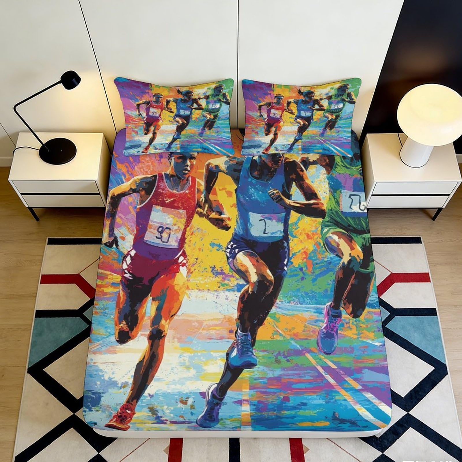 3D Printed Colorful Runner Fitted Sheet Microfiber Soft Artistic Athlete Bed Cover for Bedroom Dorm Mattress Decor 90x200x25cm