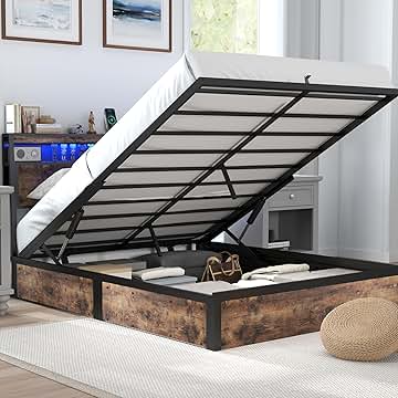 Full Size Lift Up Storage Bed Frame with Charging Station, 2 Tier Wood Storage Headboard with Led Lights, Heavy Duty Metal Slats Support/Hydraulic Storage/Noise-Free/Brown