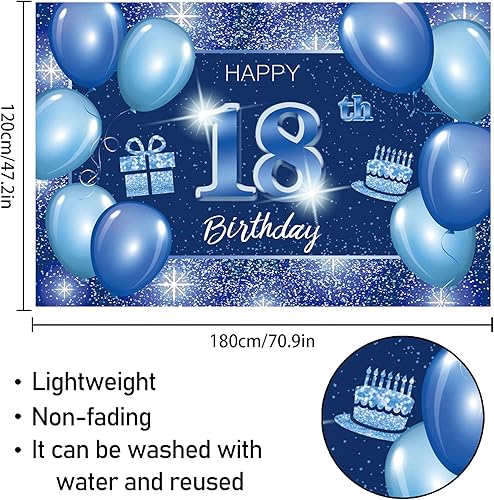 Miniatura 2 de Cartel de fondo de feliz cumpleaños 18 años, decoración azul  Dot Glitter Sparkle 18 años de edad, decoración temática de fiesta de cumpleaños para