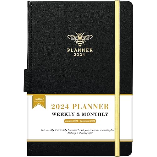 2024 Planner - Planner 2024, JAN 2024 - DEC 2024, 2024 Planner Weekly and Monthly with Calendar Stickers, 5.75" x 8.25", Saffiano Leather, Pen Loop, Back Pocket - Black Bee