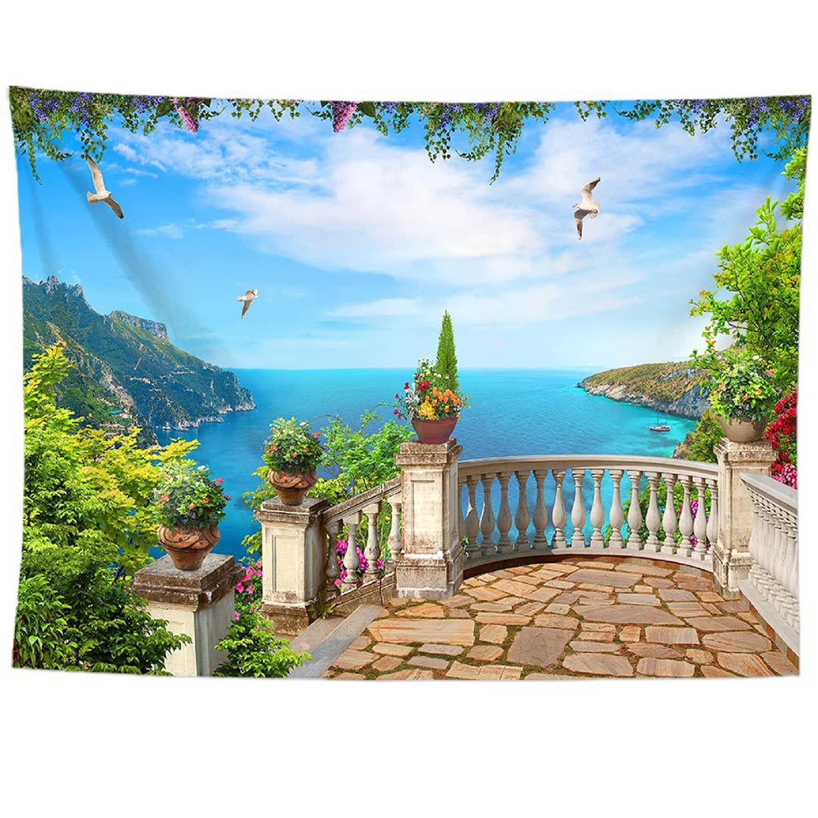 izielad Palace Balcony Lake Mountain Tree Landscape Scenery Nature Wall Art Bohemian Home Decor for Bedroom Dorm College Living Room 130X150CM 51X59IN