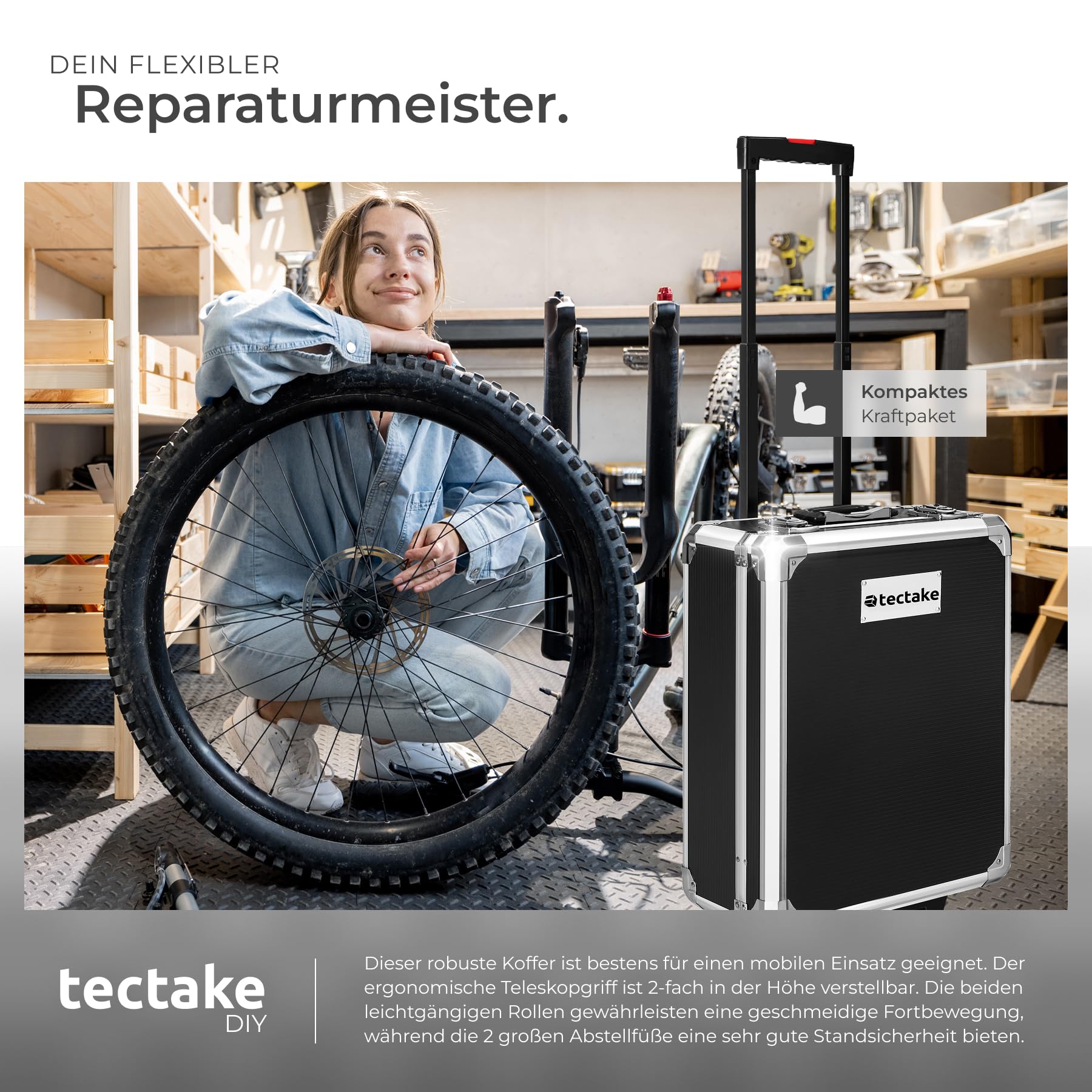 tectake® Werkzeugkoffer, Werkzeugset, Werkzeugkoffer gefüllt 1200-teilig, Werkzeugtrolley, Werkzeugkiste mit 4 Ebenen, Alu Koffer mit Rollen, Teleskopgriff, 2 Schnappverschlüsse + Schlösser - schwarz