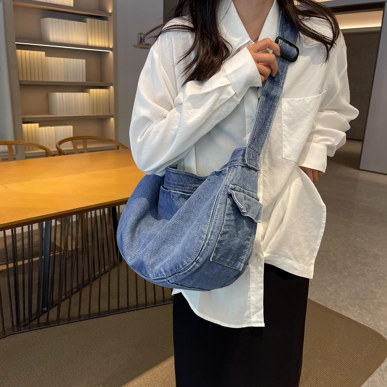 Denim Messenger Bag Large Hobo Crossbody Bag Casual Shoulder Handbag Jean Tote Bag for Women and Men - Image 2