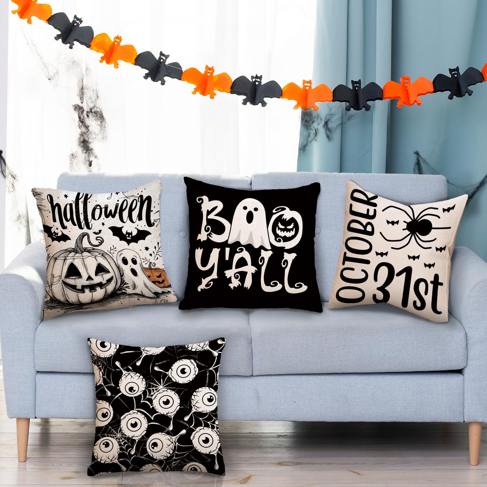AIBIIN Halloween Cushion Covers Set of 4 for Halloween Indoor Outdoor Decorations Pumpkin Ghost Bat Spider Web Linen Pillow Case for Sofa Couch Home Bedroom 45x45cm - Image 3