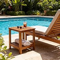 Vista 4 de Utoplike Mesa auxiliar de teca para exteriores, mesa auxiliar de doble capa, mesas de café de madera para patio trasero, jardín, cama, sala