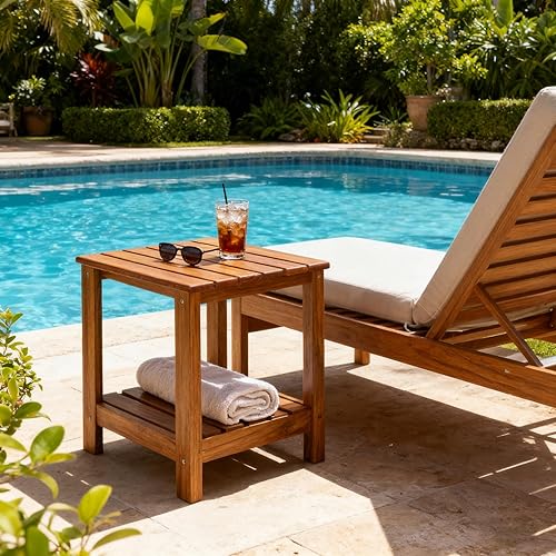 Miniatura 4 de Utoplike Mesa auxiliar de teca para exteriores, mesa auxiliar de doble capa, mesas de café de madera para patio trasero, jardín, cama, sala de