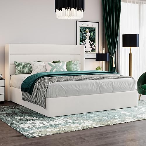 Miniatura 8 de SHA CERLIN Cama de Almacenamiento Elevable Tamaño King/Tapizada en Terciopelo/Cabecera Moderna con Respaldo de Ala/Marco de Cama Plataforma