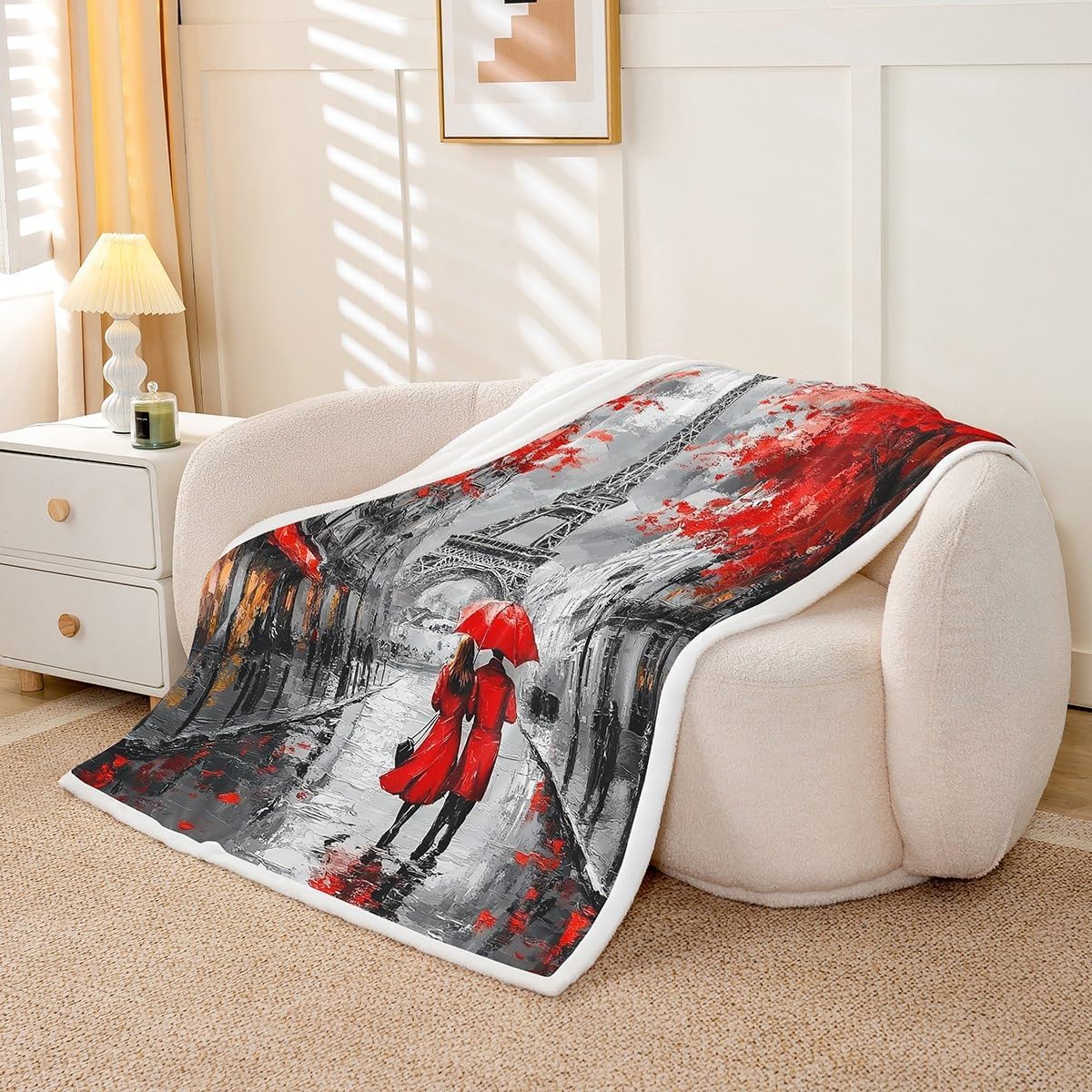 Paris Eiffel Tower Throw Blanket For Paris, Retro French Citysapce Blanket Oil Painting Sherpa Blanket, Paris Gifts For Women Girls, Red, Black, Romantic Blanket For Couch Sofa Or Bed Throw Size