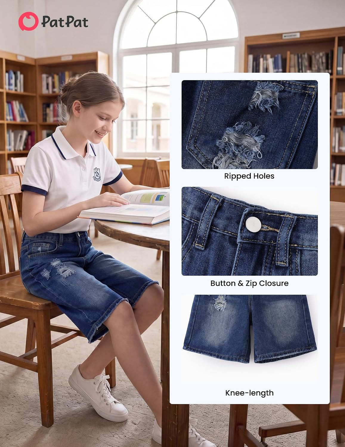 PATPAT Girls Jean Shorts 5-14Y Ripped Bermuda Jorts Y2K Baggy Straight Leg Denim Shorts with Elastic Waistband