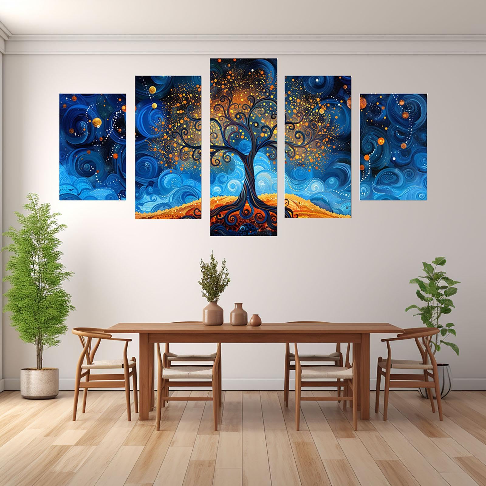 JOSUE Set de 5 áRbol De La Vida Cuadros Lienzo Árbol abstracto Cuadros BañO Lienzo,Azul, amarillo Cuadro Cartel Sala De Estar Cuarto De BañO Comedor Decorativos-60x125cm Enmarcado