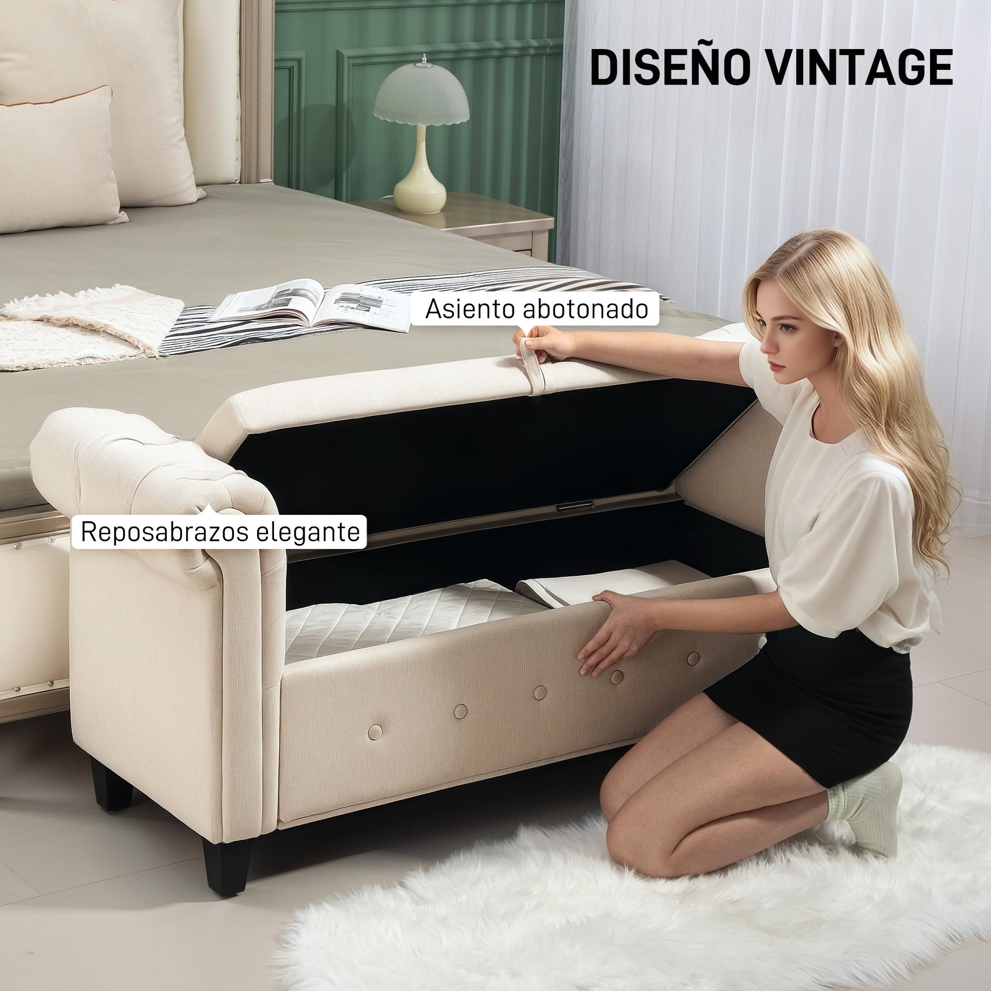 HOMCOM Banco de Almacenamiento Taburete de Almacenaje de Lino con Tapa de Bisagras Patas de Madera y Reposabrazos Enrollados para Dormitorio Salón Pasillo Carga 150 kg 146,5x49x74,5 cm Beige