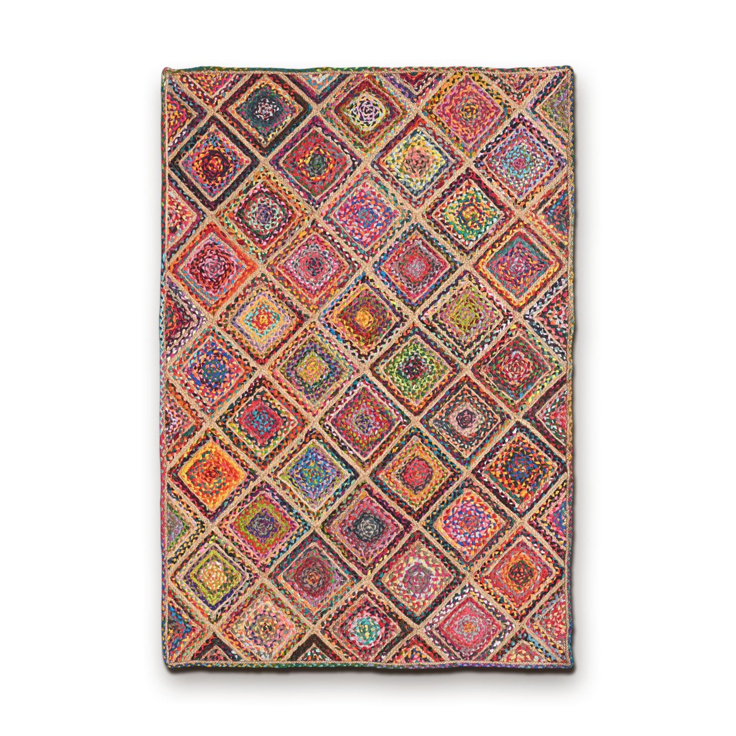 HANIESTA 80 x 150 cm 100% Recycled Cotton Chindi Jute Area Kashbah Diamond Rug, Hand Braided Multi Coloured Stripes Rectangular Rug, 9 mm Low Pile Geometric Boho Rug for Kitchen, Living Room & Bedroom