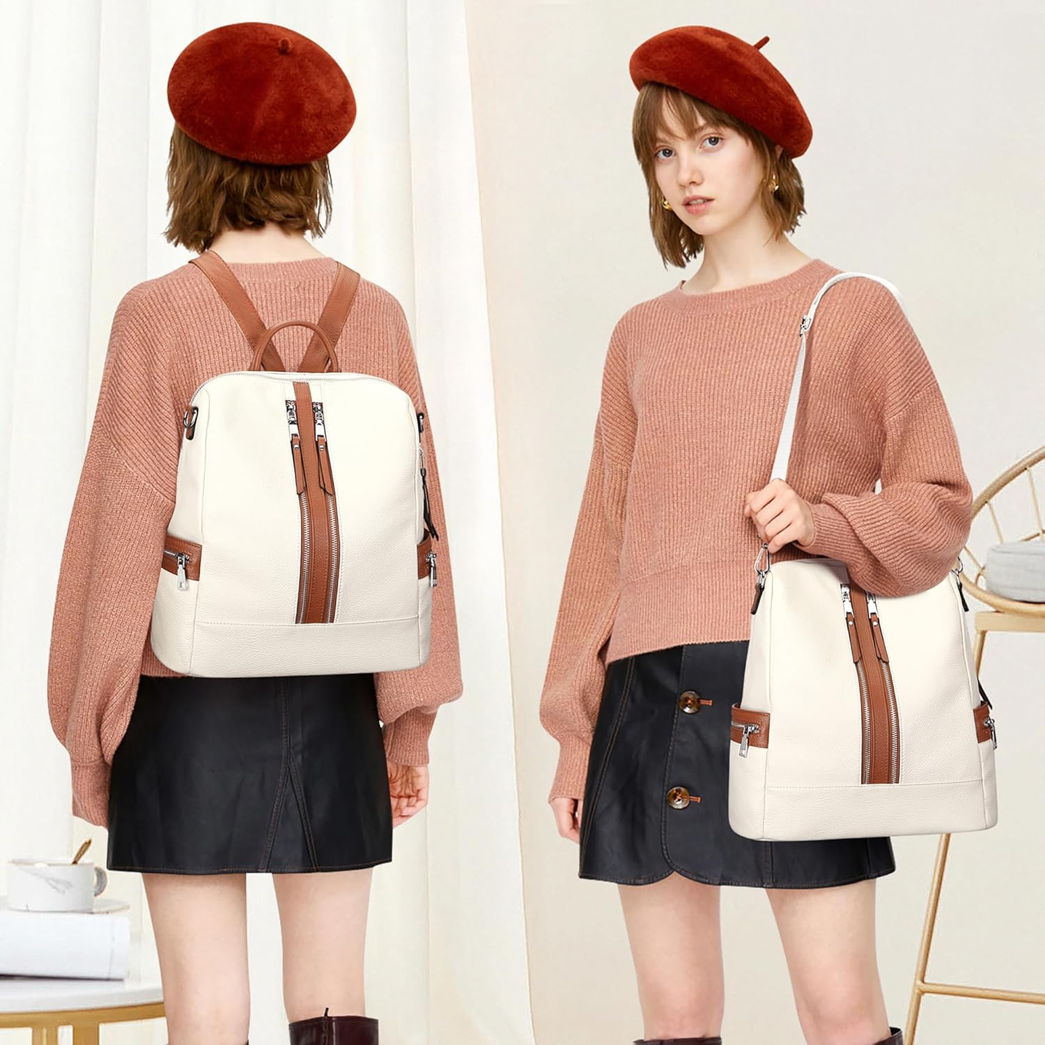 ALTOSY Genuine Leather Backpack Purse for Women Convertible Shoulder Bag Crossbody Bag Elegant Casual Daypacks (S77 Beige/Brown) - Image 3