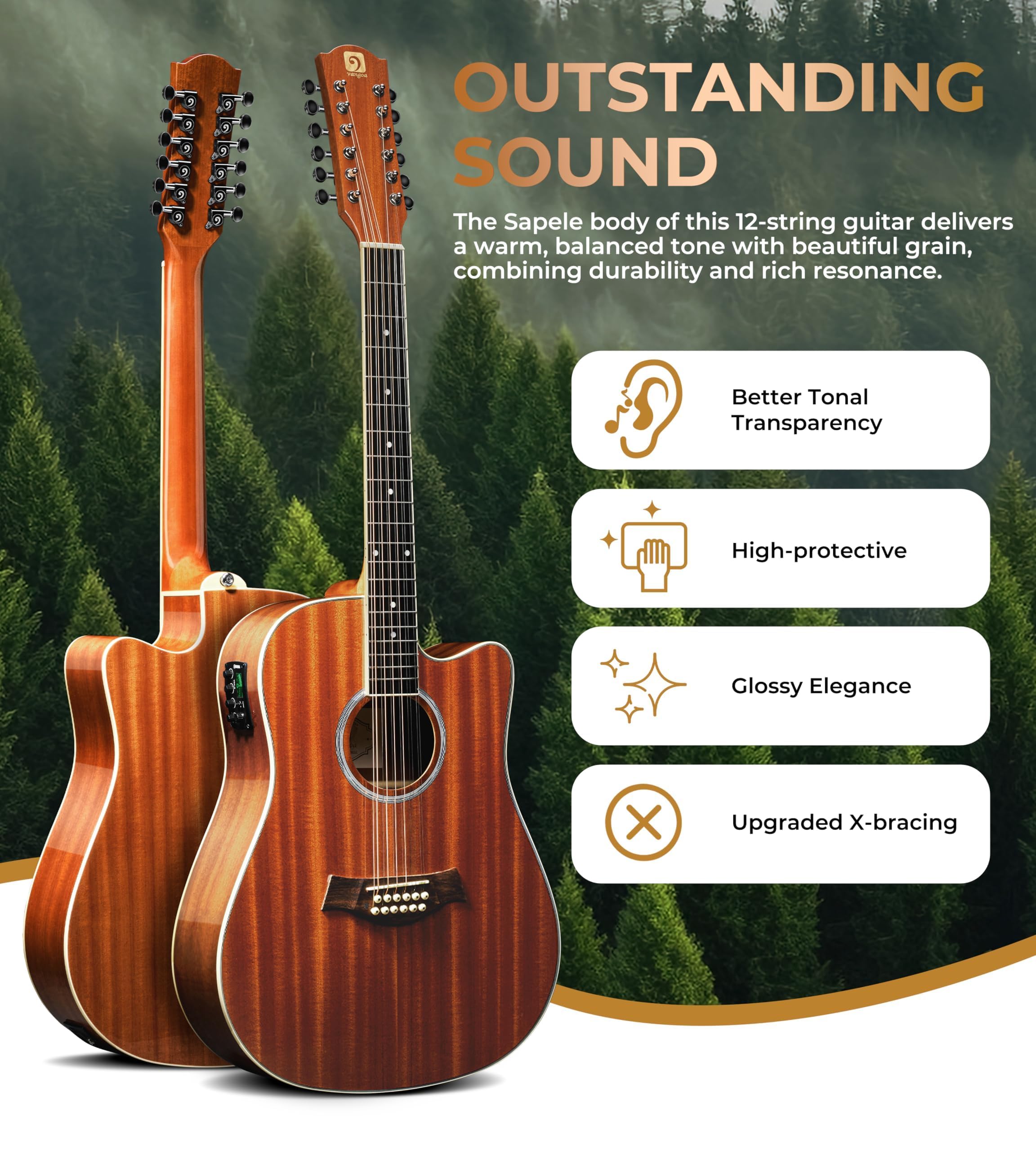 Vangoa gitara elektroakustyczna 12 strun dla początkujących, średniozaawansowanych, dorosłych, nastolatków, 41 cali, korpus z Sapele, zestaw startowy z ulepszonymi elementami, dla praworęcznych