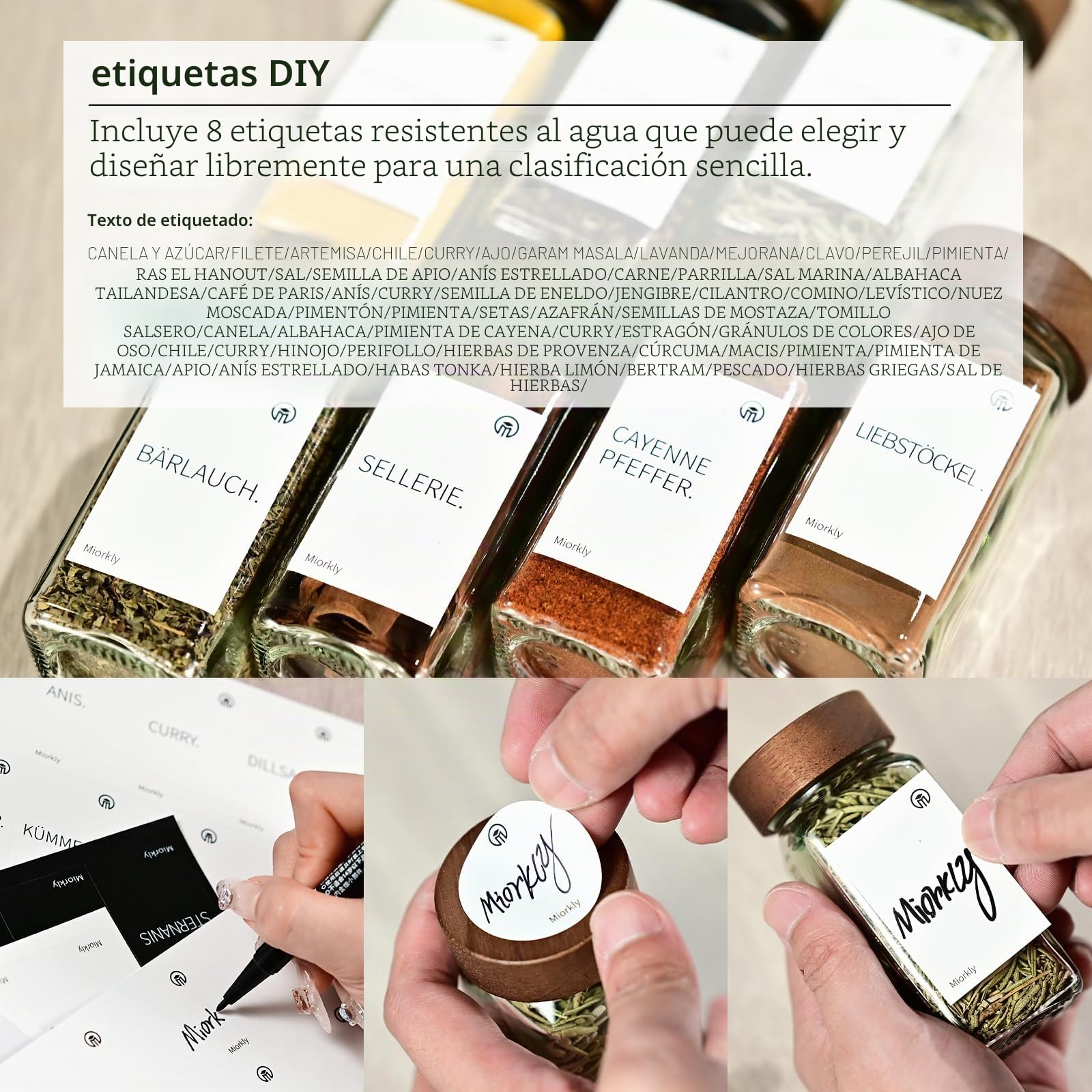 Miorkly Elegante Acacia Botes Especias, (24 x 120 ml) Botes Especias Cristal, Especias Almacenaje Cocina, Cuadrado Frascos Especiarias Juego Utilitario Con Etiqueta Especias
