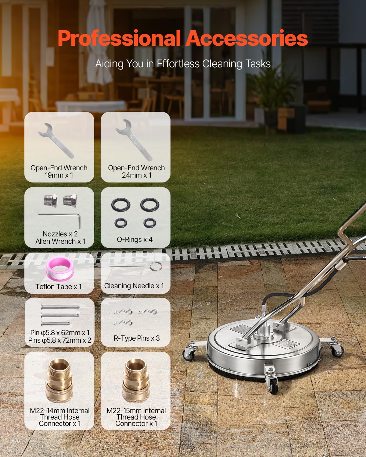 VEVOR Limpiador de Superficies con Hidrolavadora, Acero Inoxidable, 4 Ruedas, Forma Redondo, 27,58 Mpa máx., 2 Boquillas Rociadoras, Mango Doble, para Concreto, Patio, Acera, 558 x 558 x 1500 mm