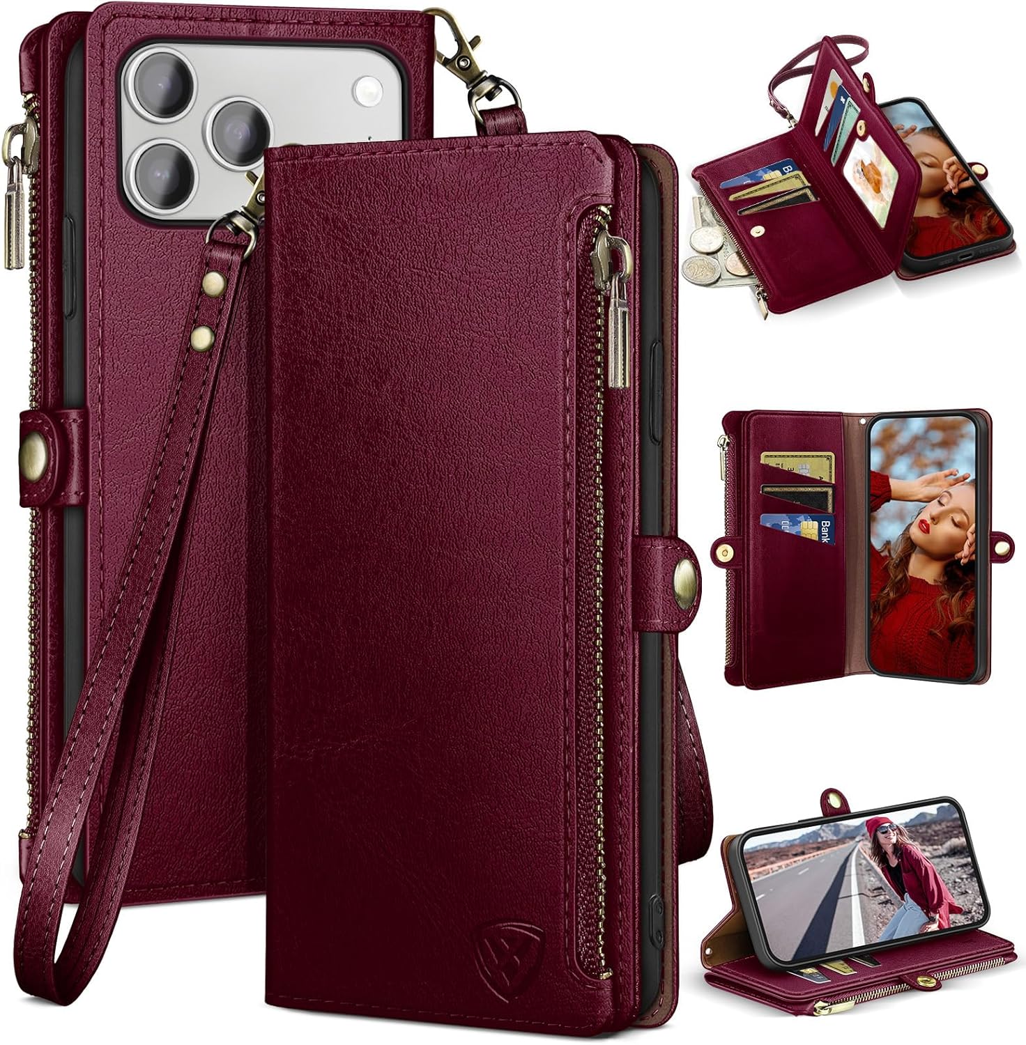 COLOR PURPLE XcaseBar Compatible with iPhone 17 Pro Max 6.9\" Wallet case with Zipper Credit Card Holder?RFID Blocking?,Flip Folio Book PU Phone case Shockproof Cover Women Men for Apple 17 Pro Max case Wine Red