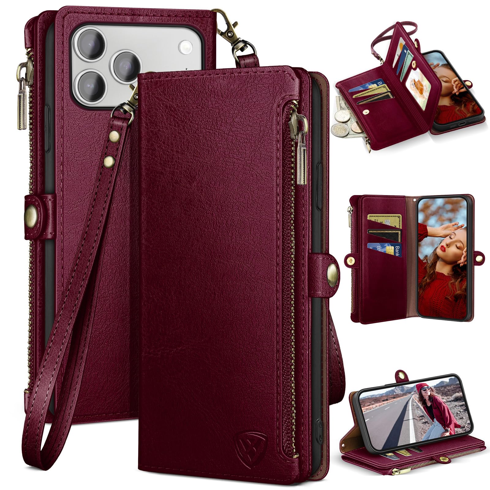 Photo 1 of XcaseBar compatible with iPhone 17 Pro Max 6.9" Wallet case with Zipper Credit Card Holder?RFID Blocking?,Flip Folio Book PU Phone case Shockproof Cover Women Men for Apple 17 Pro Max case Wine Red