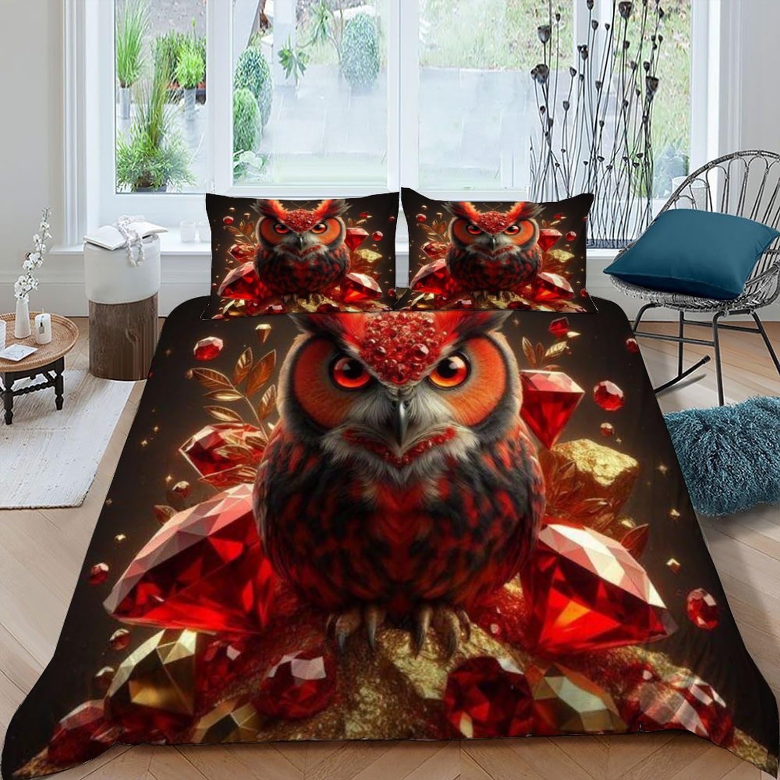 Parure de couette Red Owl en microfibre King 220x240cm avec ses 2 taies d'oreiller assorties