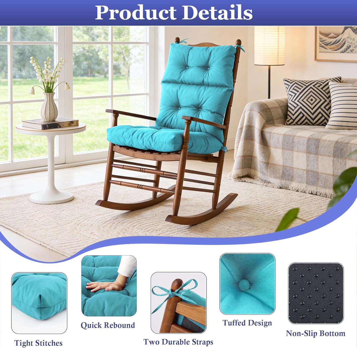 Rocking Chair Cushion, Waterproof and Fade-Resistant Adirondack Rocker Cushions, Indoor/Outdoor Rocking Chair Pads, High Back Memory Foam Patio Furniture Cushions with Ties, 44x23x4 Inch, Teal