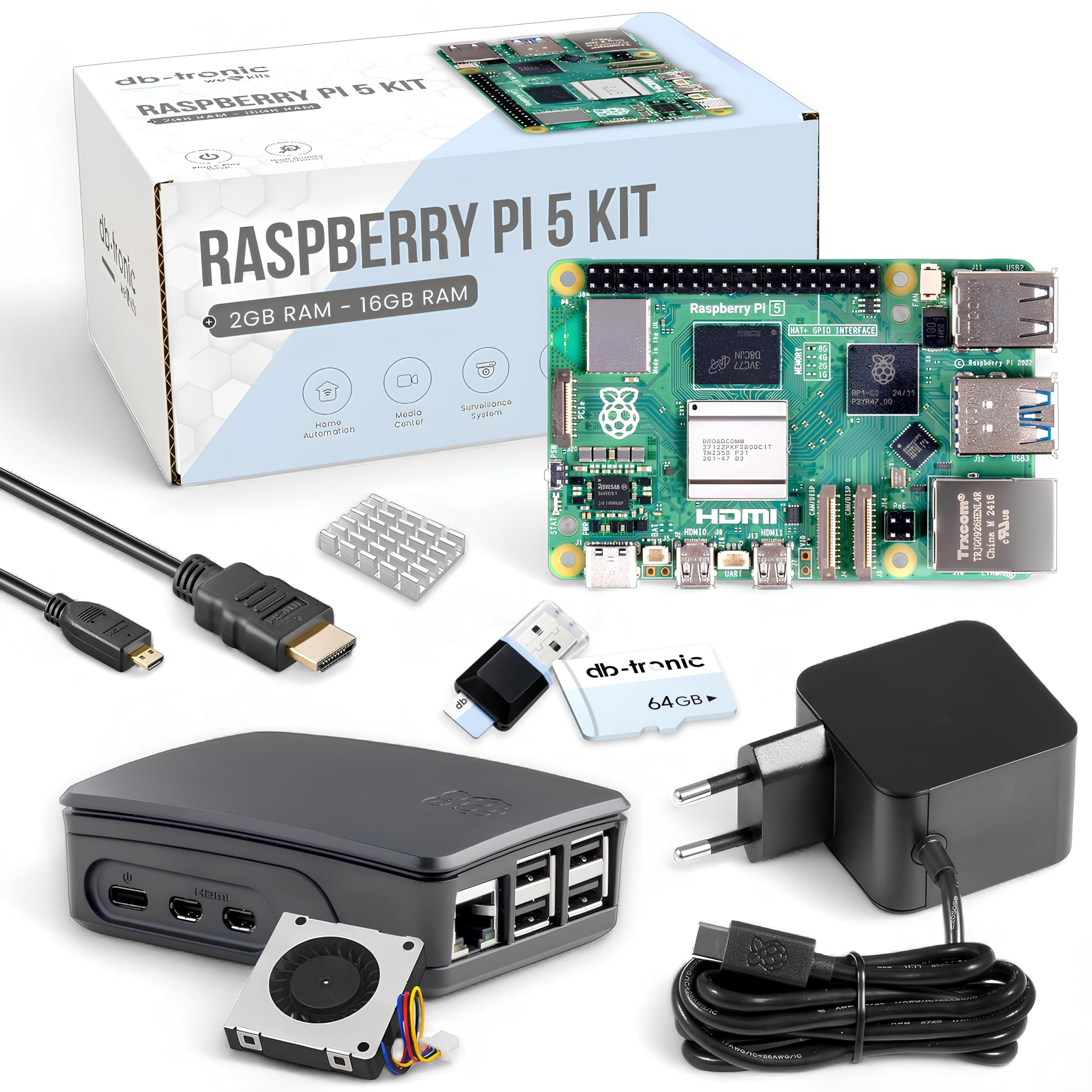 db-tronic Raspberry Pi 5 4GB Starter Set | 64GB Black Edition | Netzteil 27W | Gehäuse mit Lüfter | 4K Micro HDMI Kabel | Ideal für Smart Home, Retro Gaming & Home Assistant