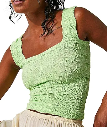Women's Square Neck Wide Strap Crop Tank Tops Flower Going Out Tops Slim Fit Lettuce Trim Crop Cami Tops