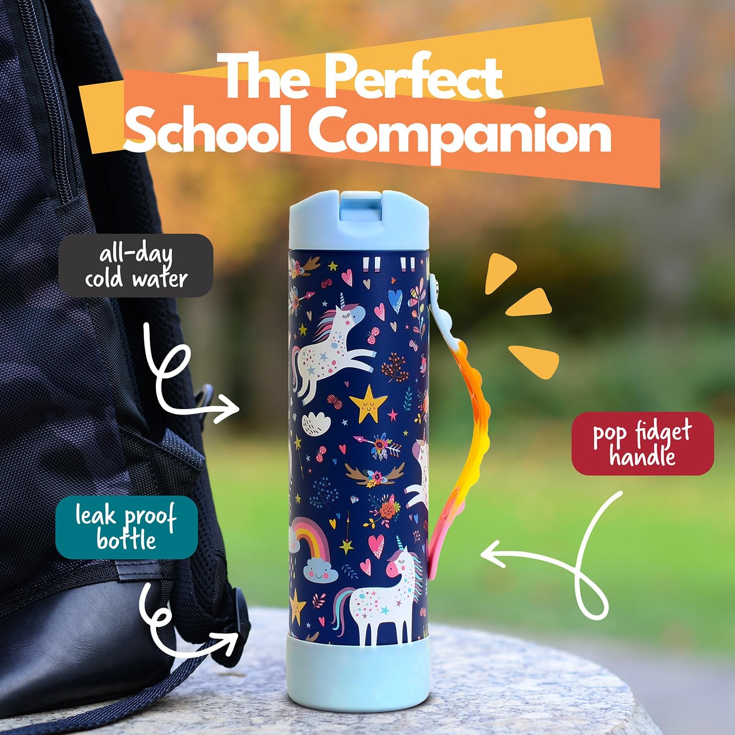 Elemental Iconic Kids Water Bottle for School - 100% Leak-Proof Insulated Water Bottles with Straw Lid & Pop-It Handle for Boys & Girls - Triple-Wall Insulated & BPA-Free, 20oz – Unicorn - Image 2