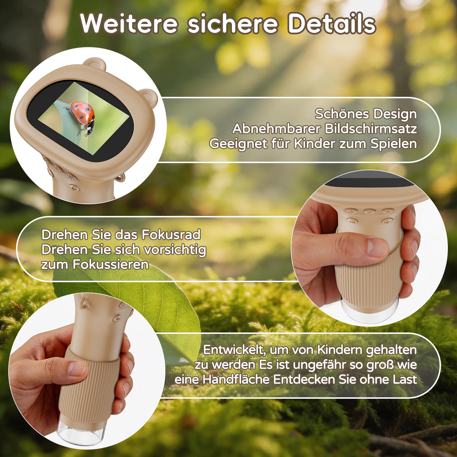 Mikroskop für Kinder - Tragbares Kinder Mikroskop 1000X, Braun | 1000X Taschenmikroskop mit Digitalem HD-Bildschirm [Inkl Fotofunktion] für Garten, Wald, Experimente & Geschenk, Kinder
