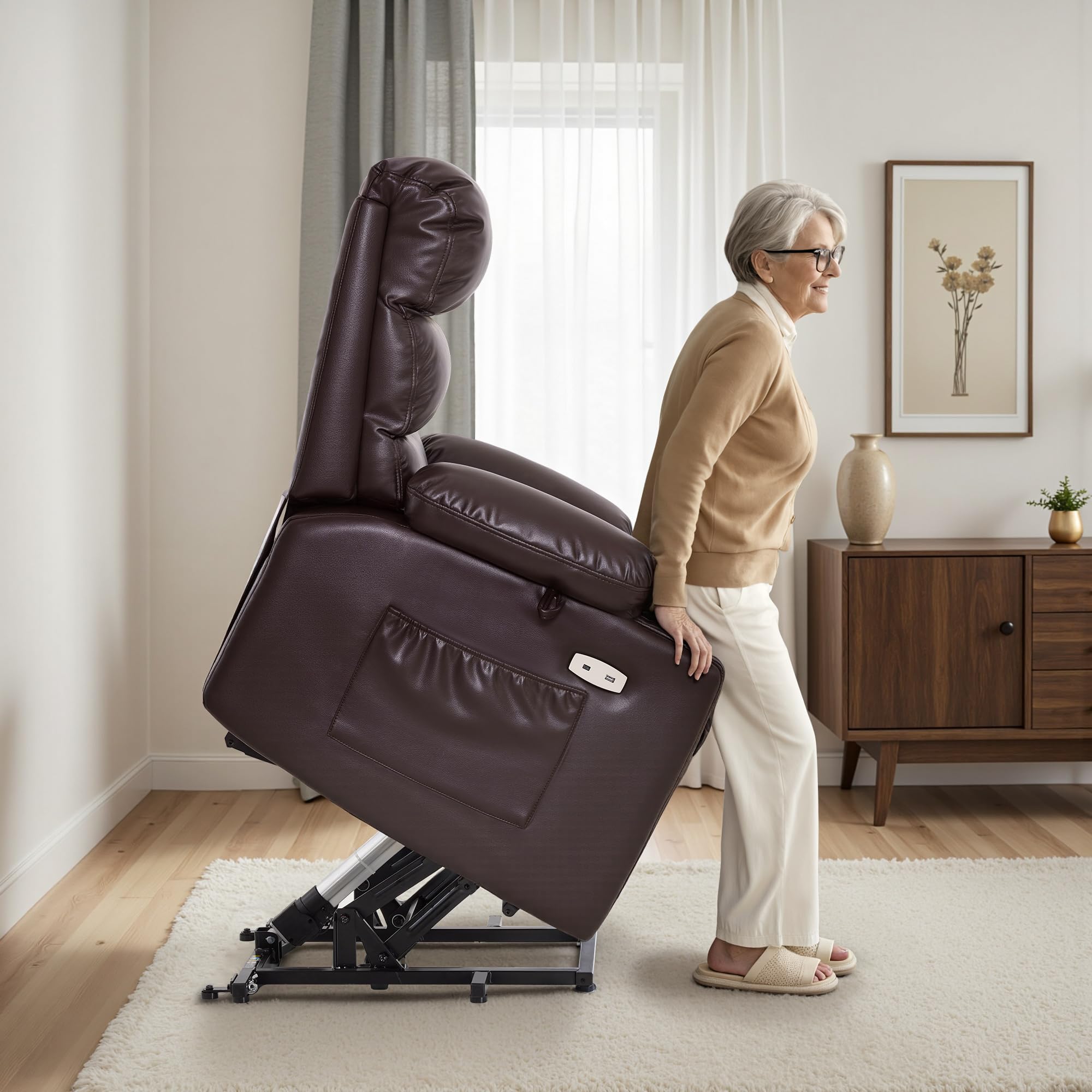 MCombo Fauteuil Releveur électrique, pour Personnes âgées, Fauteuil Relax avec Massage et Chaleur, avec Appui-tête, Repose-Pieds Allongé, Ports USB, en Similicuir, LC001 (Marron)