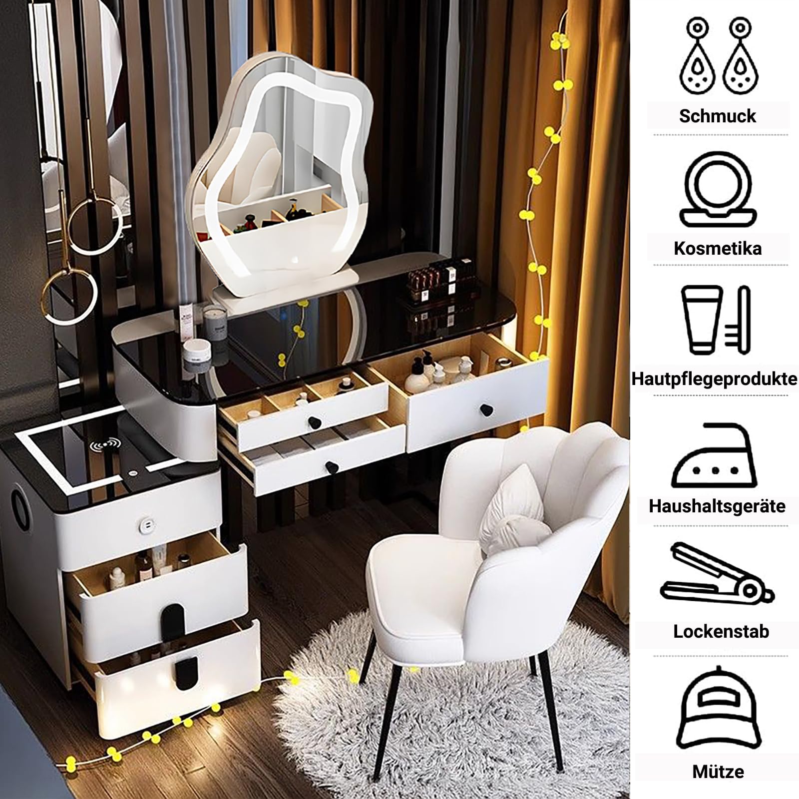 Frisiertisch Set Mit Kabelloser Aufladung, Bluetooth-Audio, Schminktisch Mit Beleuchtung Und Hocker,Schminktisch 100 cm Breit Mit 6 Schubladen,Geschenke für Töchter