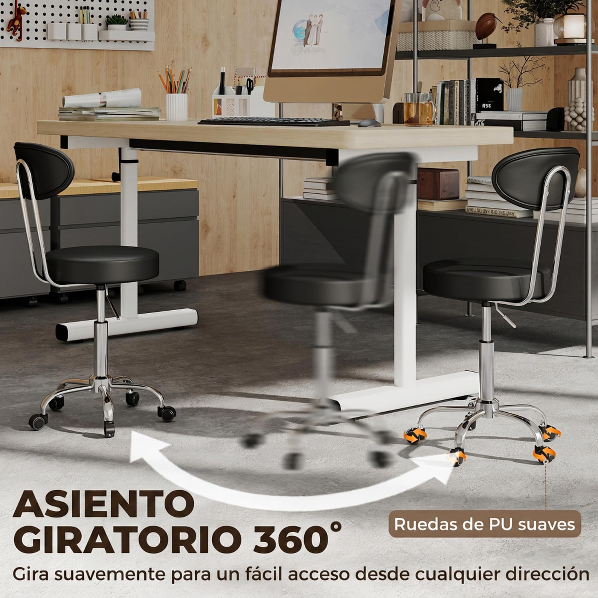 HOMCOM Taburete con Ruedas, Altura Regulable con Asiento Acolchado Negro