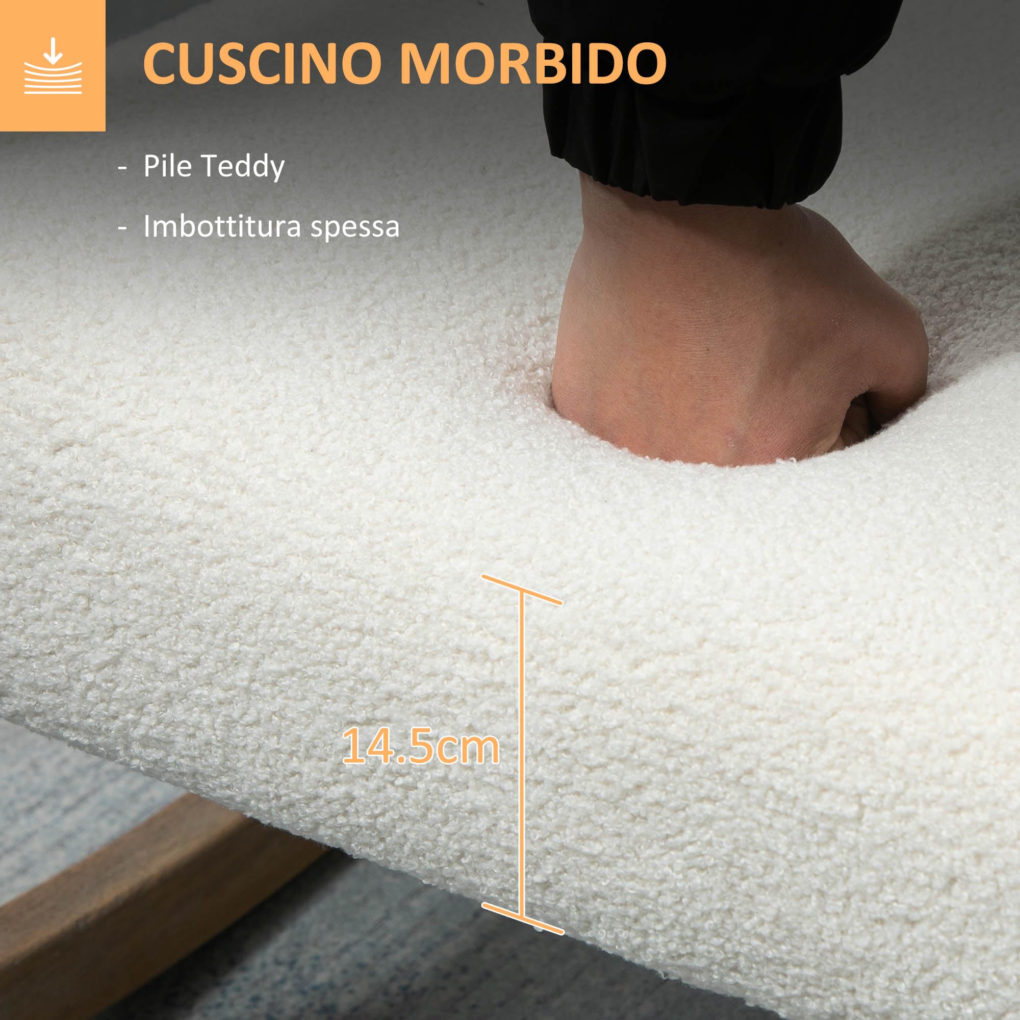 HOMCOM Sedia a Dondolo Minimal con Cuscini per Seduta e Schienale, Sedia per Soggiorno in Legno di Caucciù, Pile e Schiuma, 60x81x71 cm, Bianco Crema