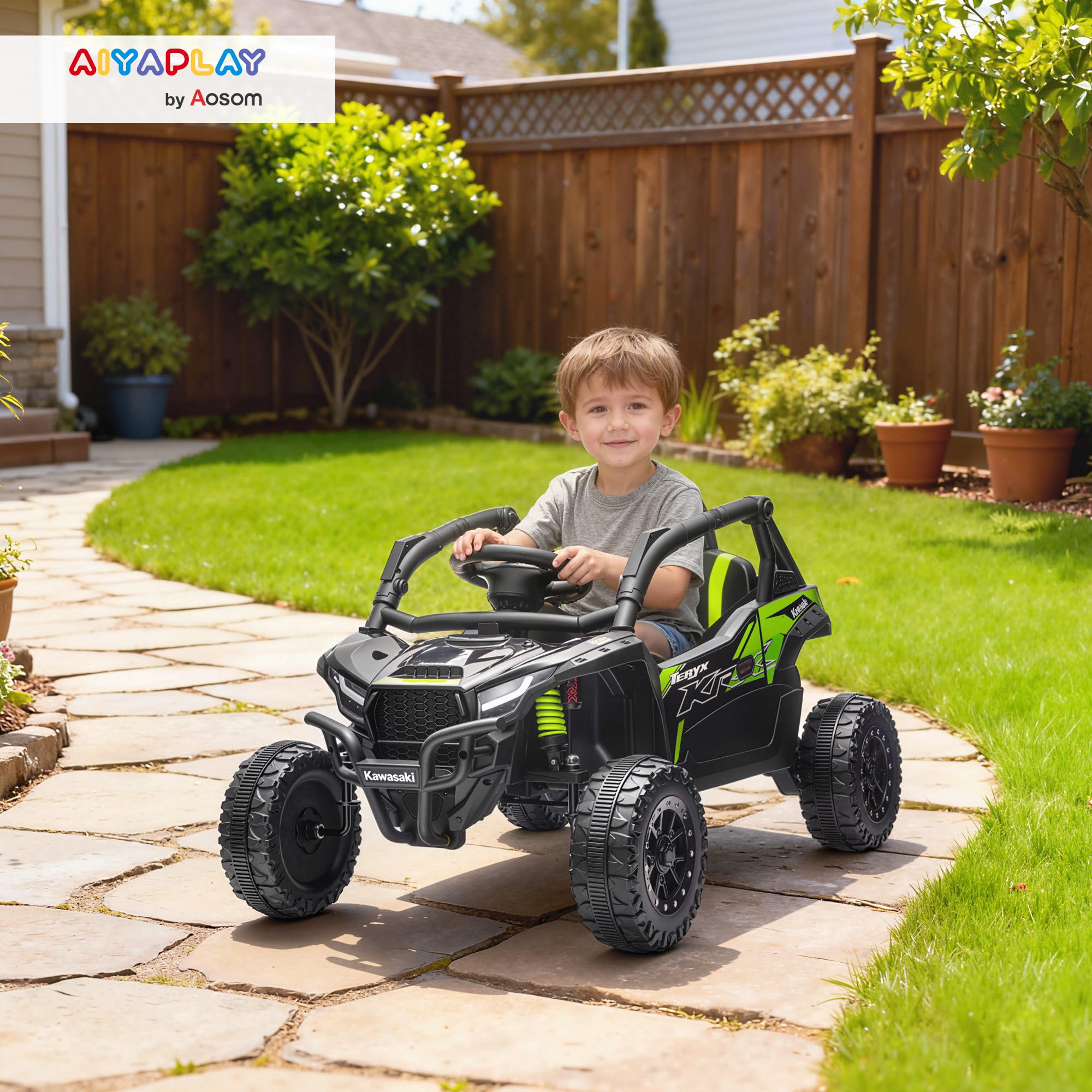 AIYAPLAY Macchina Elettrica per Bambini UTV KAWASAKI TERYX KRX, 12V Fuoristrada Auto per Bambini con 2 Motori, Cintura, Telecomando, Sospensioni, USB, Bluetooth, Musica, Luci, 3-5km/h, 3-5Anni, Nero