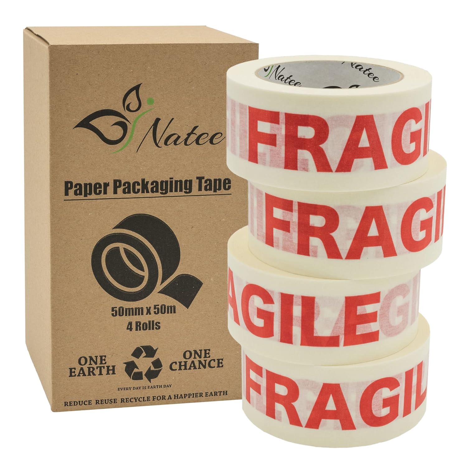 NATEE® White Paper Packaging Tape Fully Recyclable Rolls Fragile