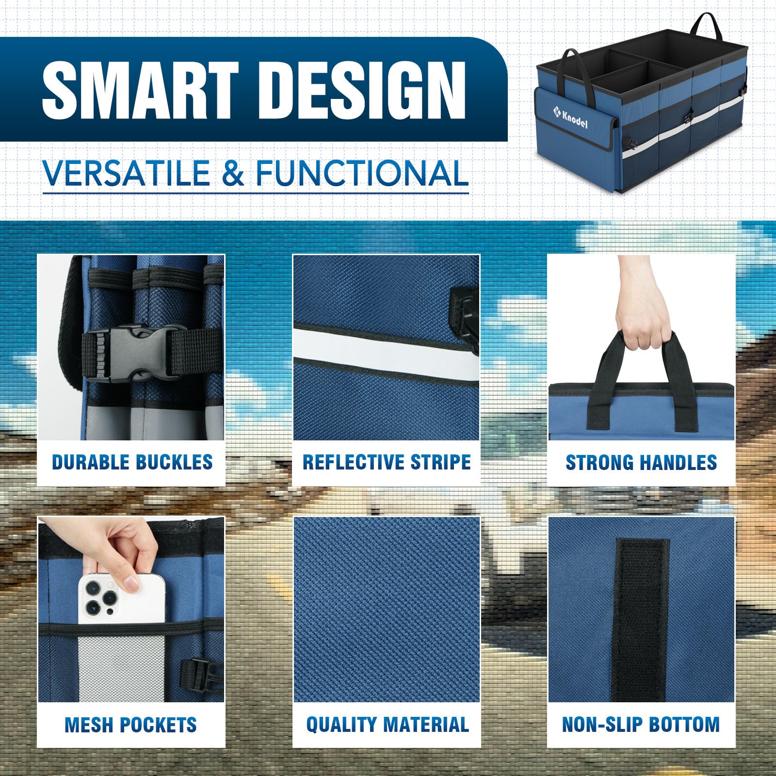 K KNODEL Organizador de Maletero de Coche, Funda Plegable, Organizador de Almacenamiento Plegable Resistente para Maletero de Coche, Organizador de Maletero con Tapa (Mediano, Azul)