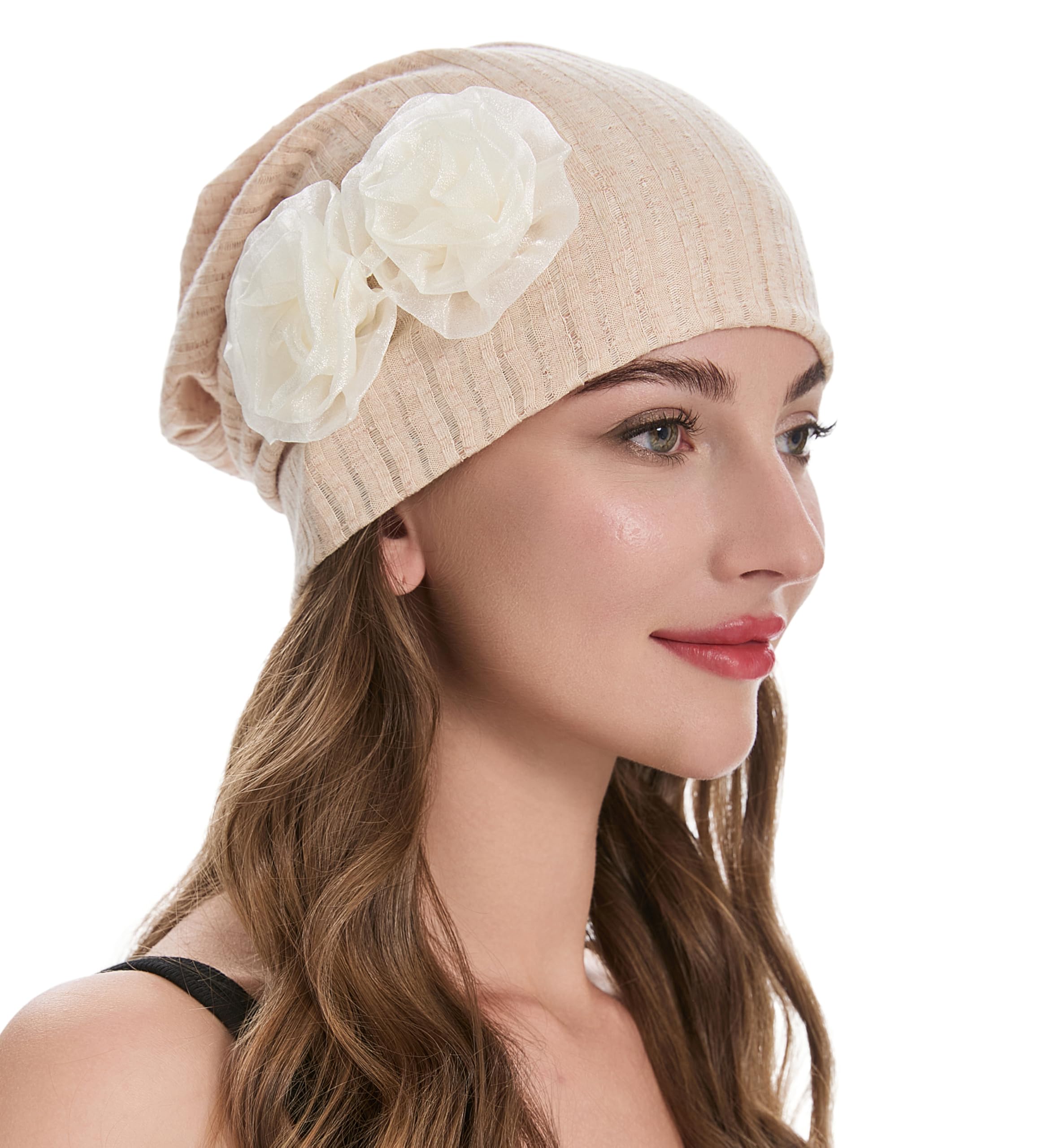 ZLYC Women Lightweight Slouchy Beanie Hat Thin Knit Skull Cap Summer Chemo Headwear(Flower Beige),One Size
