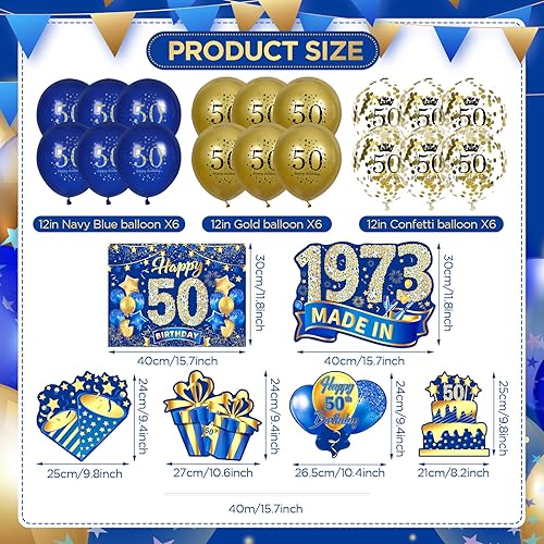 Miniatura 2 de Decoraciones azules de cumpleaños 50 para hombres y mujeres, 6 piezas azul marino y dorado con estacas y 18 globos de 50 cumpleaños 1973 para fiesta