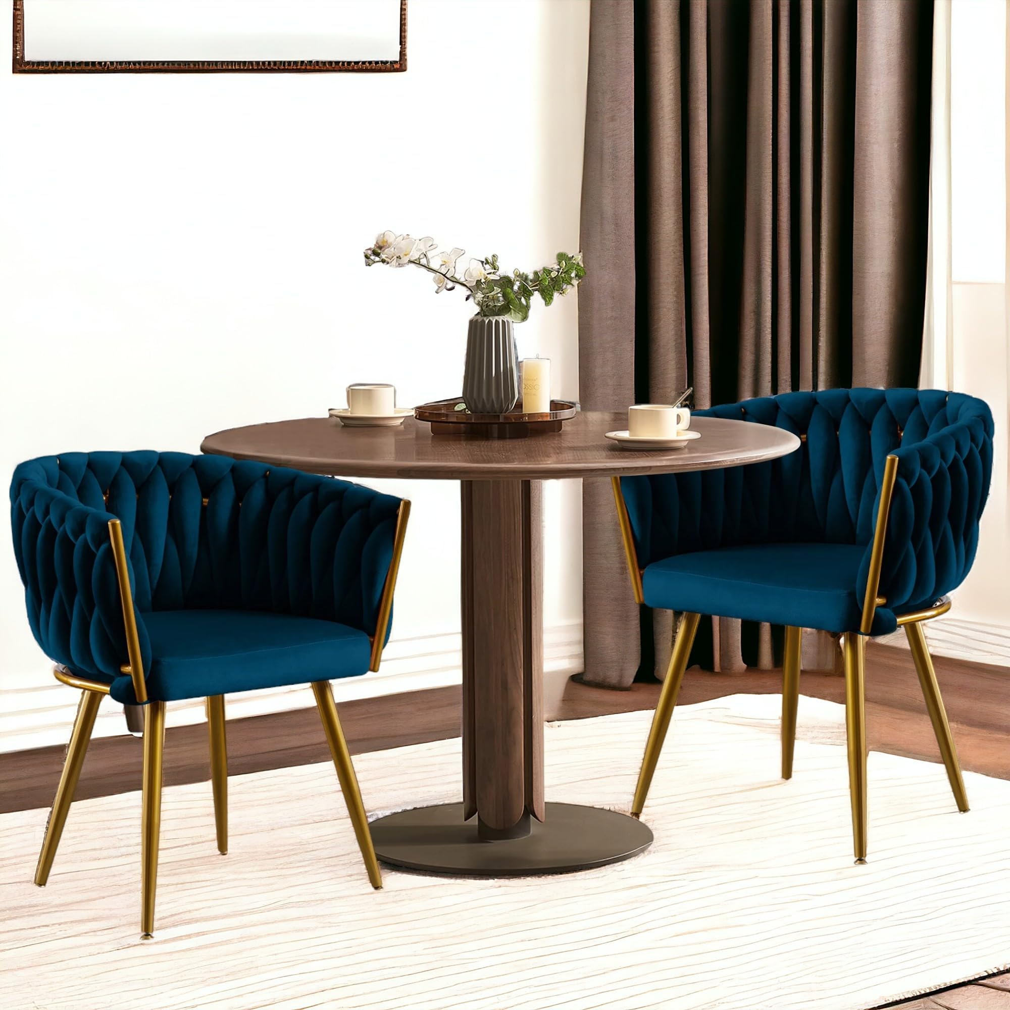 Dining Chairs Set of 2, Modern Woven Upholstered Dining Chairs with Gold Metal Legs,Luxury Tufted Dining Chairs for Living Room, Bedroom, Kitchen (2 Set of Chair - Blue)