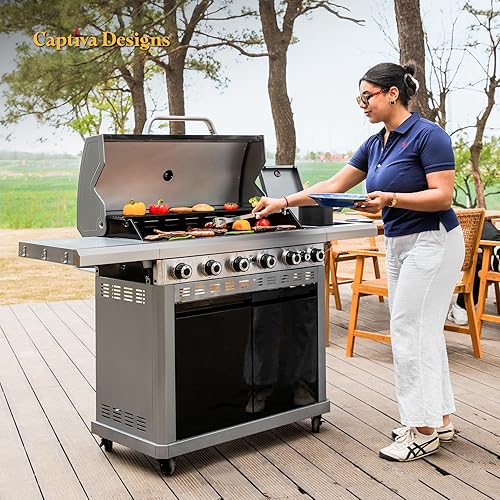 Miniatura 7 de Captiva Designs Parrilla de barbacoa de gas propano de 6 quemadores con quemador lateral y rejilla de hierro fundido esmaltado de porcelana y placa