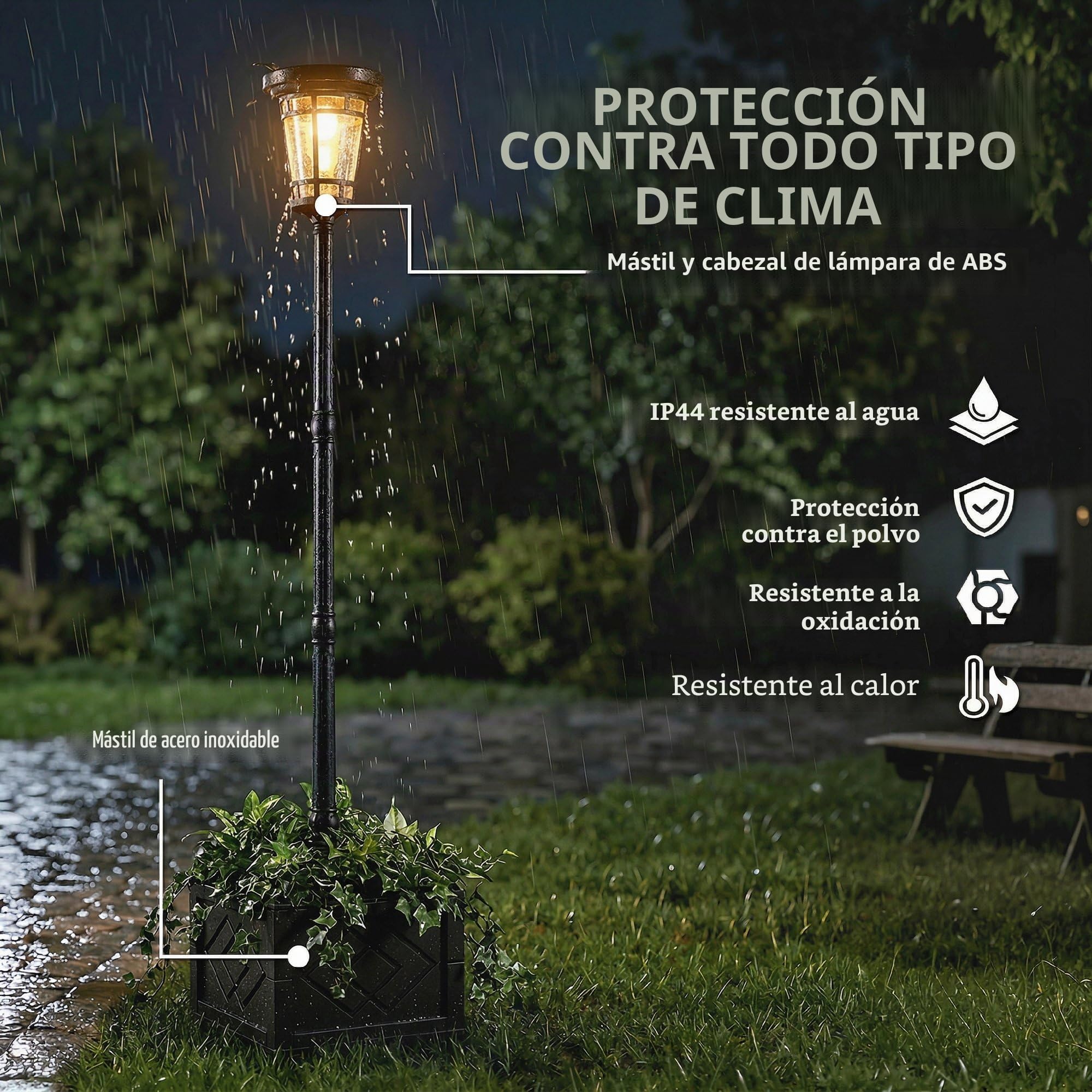 Outsunny Farol solar de pie con maceta, 195 cm, farolillo exterior de jardín con 2 niveles de brillo, interruptor de sensor de luz, IP44, lámparas solares, farolillos solares para jardín, balcón