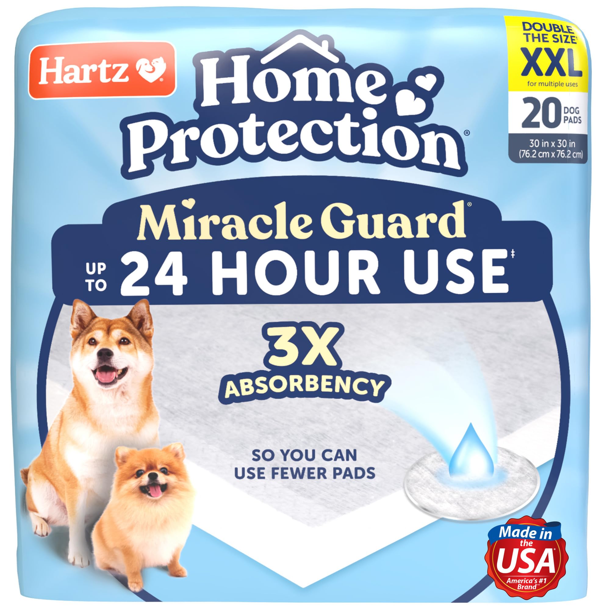 Hartz Home Protection Miracle Guard Dog Pads, XXL Size 20 Count, 3X Absorbency & 3X Longer use, Won't Leak and Odor Eliminating